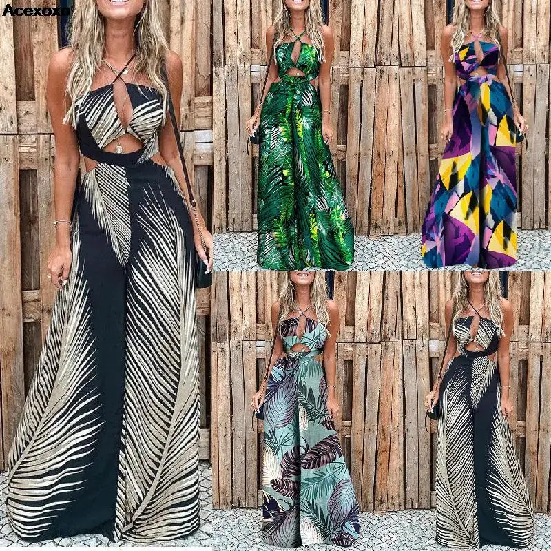 

2023 summer new women's digital print sexy hollowed halter beach romper