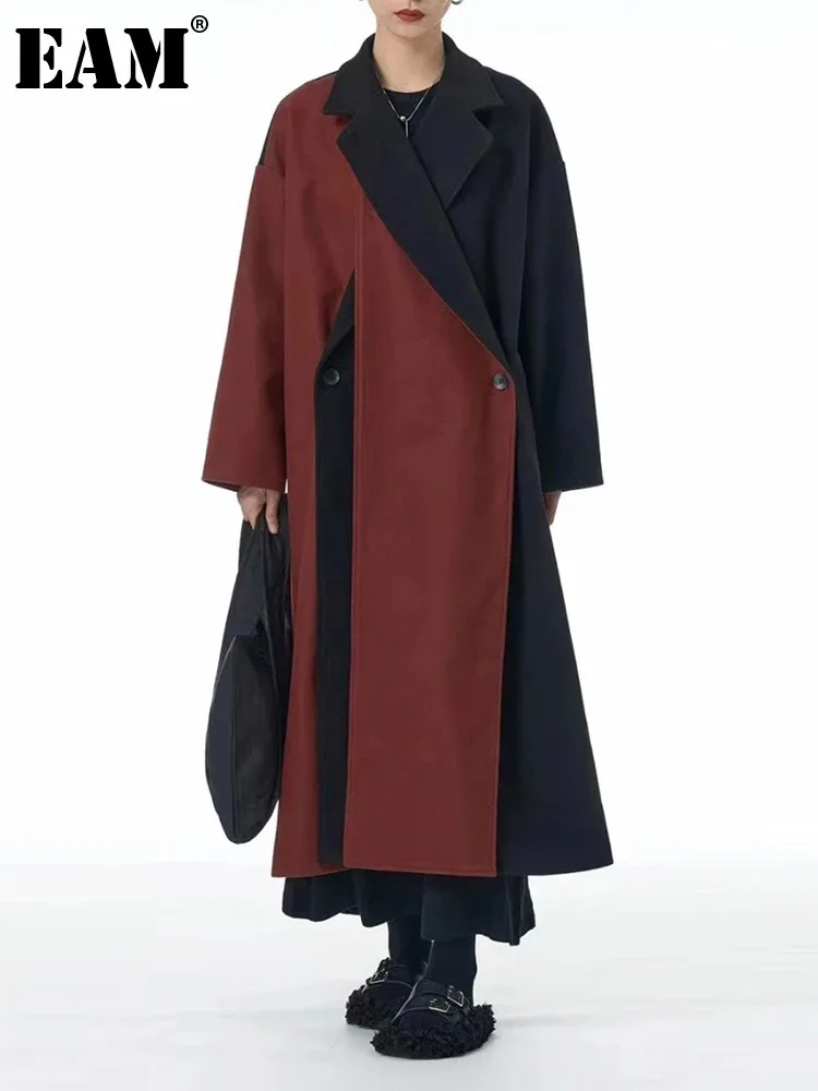 [EAM] Оранжевое длинное шерстяное пальто большого размера с цветными блоками новая