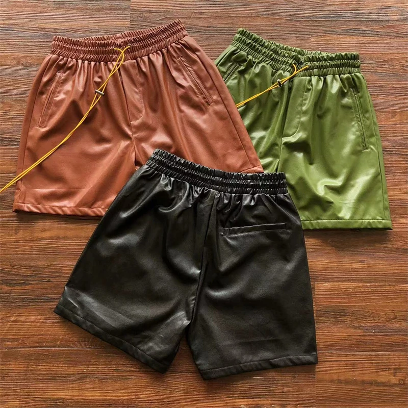

Solid Black Green Burgundy PU Leather RHUDE Shorts Men Women Streetwear Long Drawstring Rhude Breeches With Tags