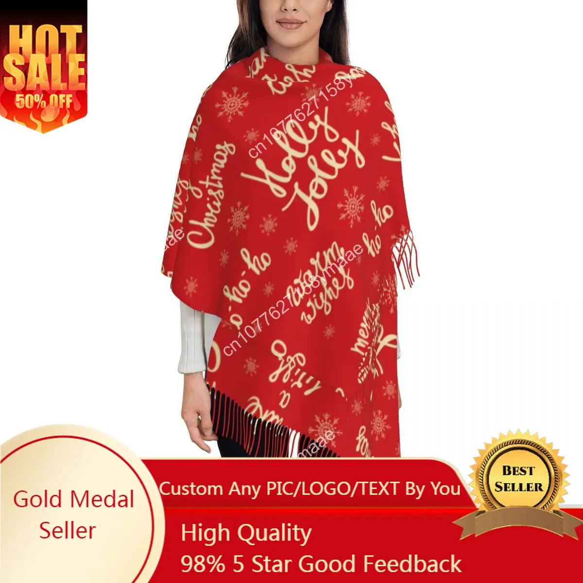 

Women's Scarf with Tassel New Year Snowflake Long Soft Warm Shawl and Wrap Red Merry Christmas Gifts Pashmina Scarves
