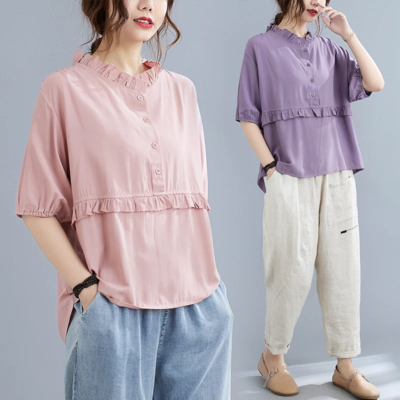 

Purple Shirt Women's Summer 2022 New Loose Fungus Stitched Stand Collar Shirt