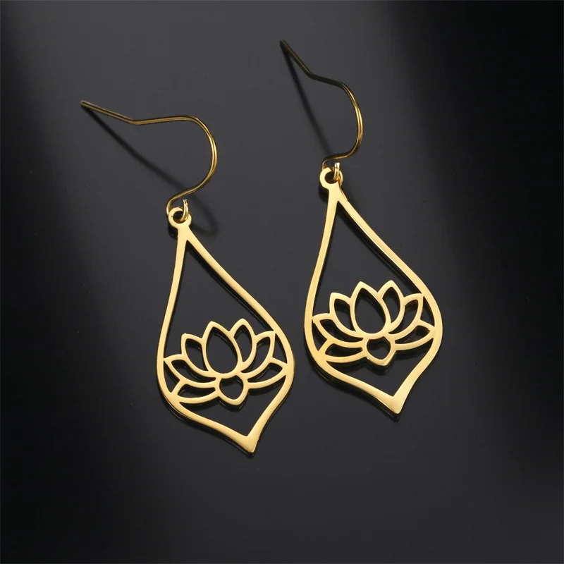 

Bohemian Lotus Drop Earrings Female Gold Color Stainless Steel Earring Korean Jewelry Statement Earrings Flower Pendant Jewelry