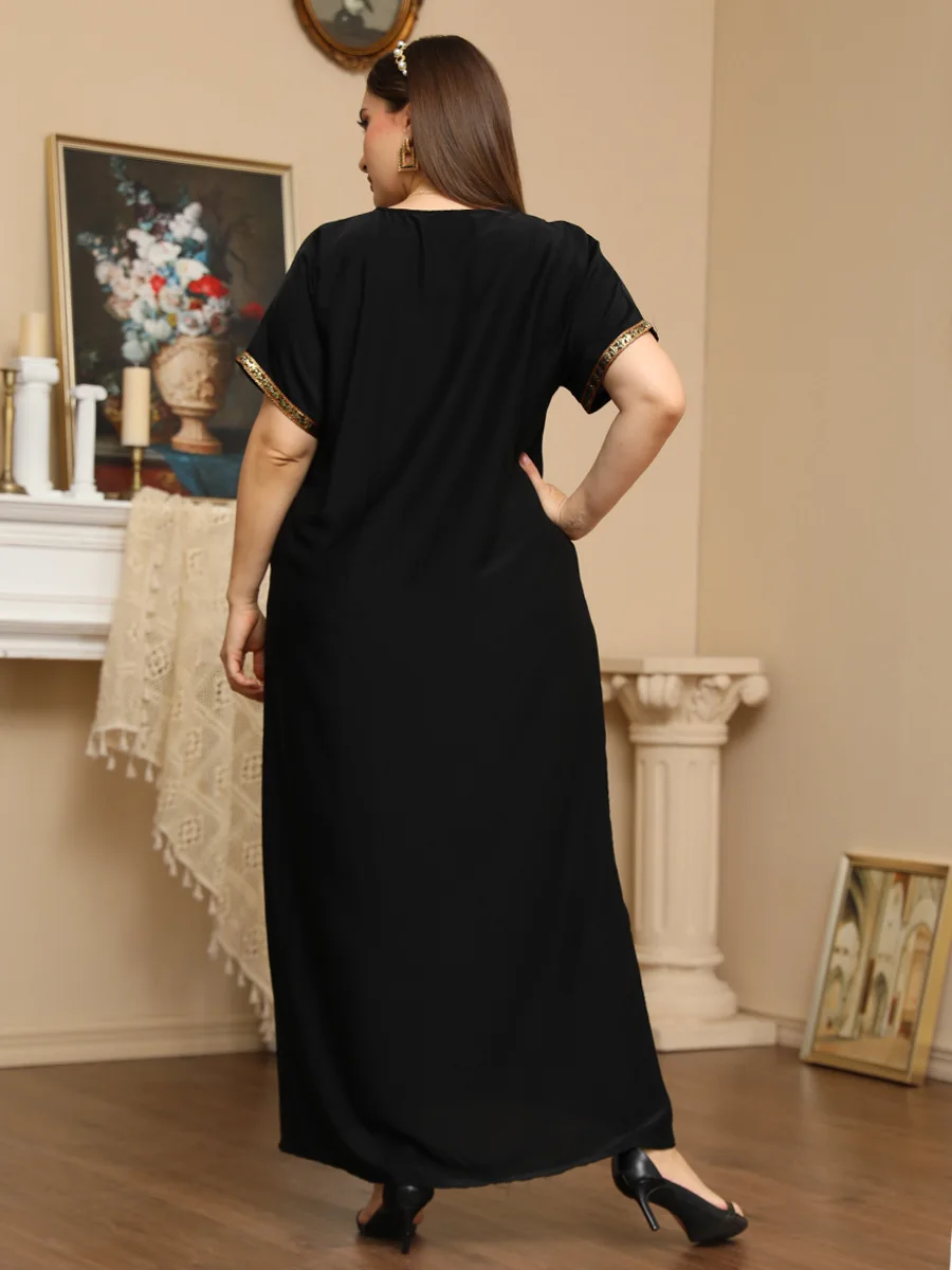 Large women's elegant embroidered beaded short sleeve dress long skirt plus size dresses