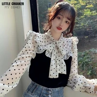 hit color polka dot mesh patchwork blouse women chic ruffles deawstring bow blusas mujer korean fashion sweet shirts tops