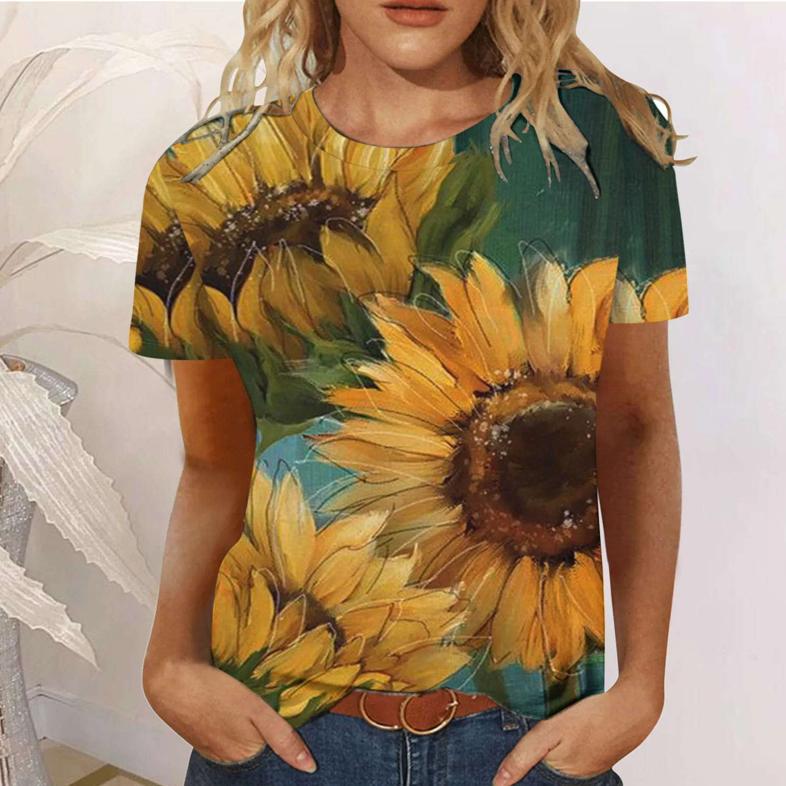 

Tee Tunic Casual Neck Round Printed Loose Side T Blouse Womens Tops Shirt Short Floral Sleeve Split Womens Shirts Long Sleeve