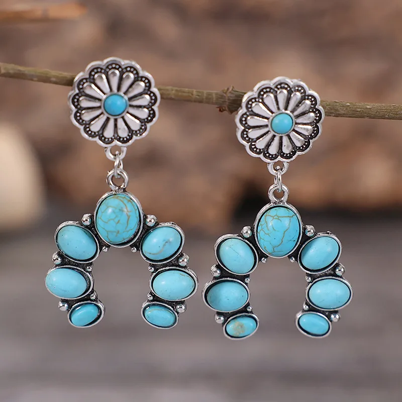 

Squash Blossom Navajo Drop Earring Western Style Concho Earrings W/Oval Turquoise Stone Colored Stones December Birthstone Gift