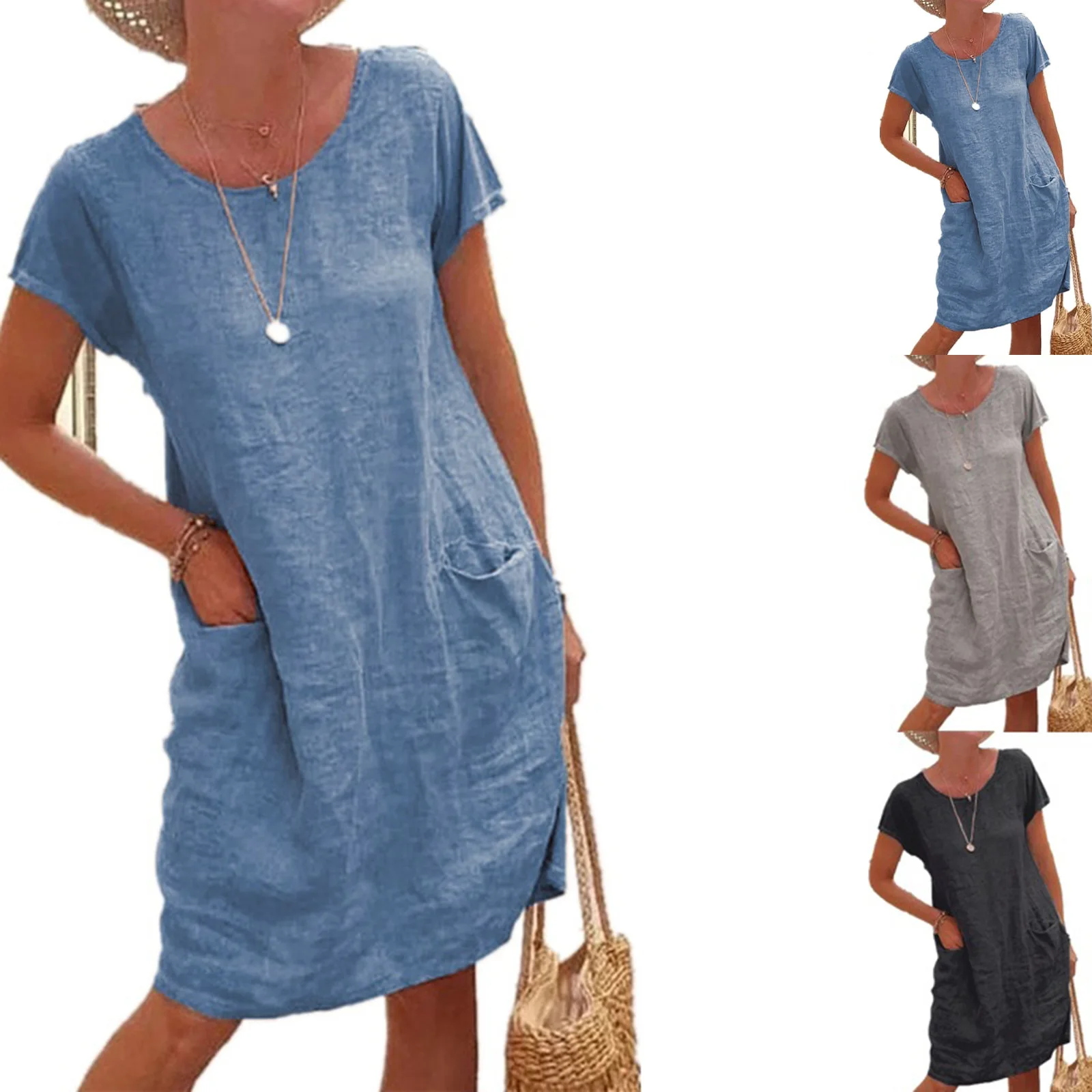 

Elegant Women's Casual Dresses 2023 Summer Loose Solid Pocket Short Sleeve O Neck Cotton Linen Dress Lady Robe S-XXXL