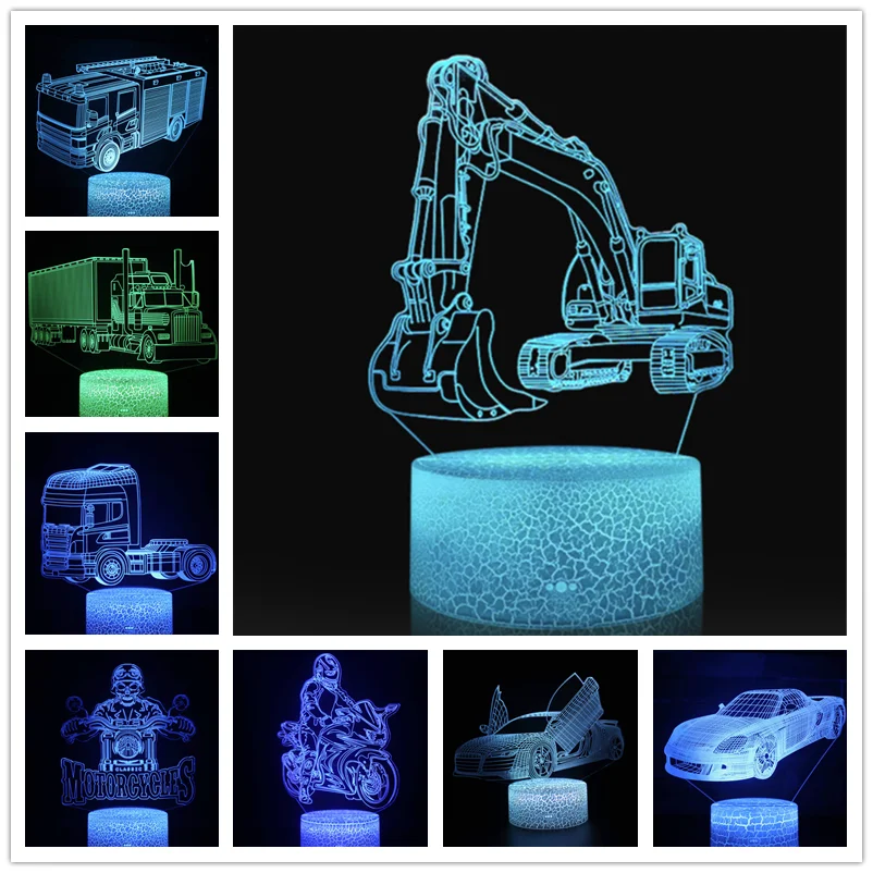 

Car 3D Illusion Lamp Bulldozer Excavator Motorcycle LED Night Light Anime Colorful Lampe Children Room Decor Table Lampara Gifts