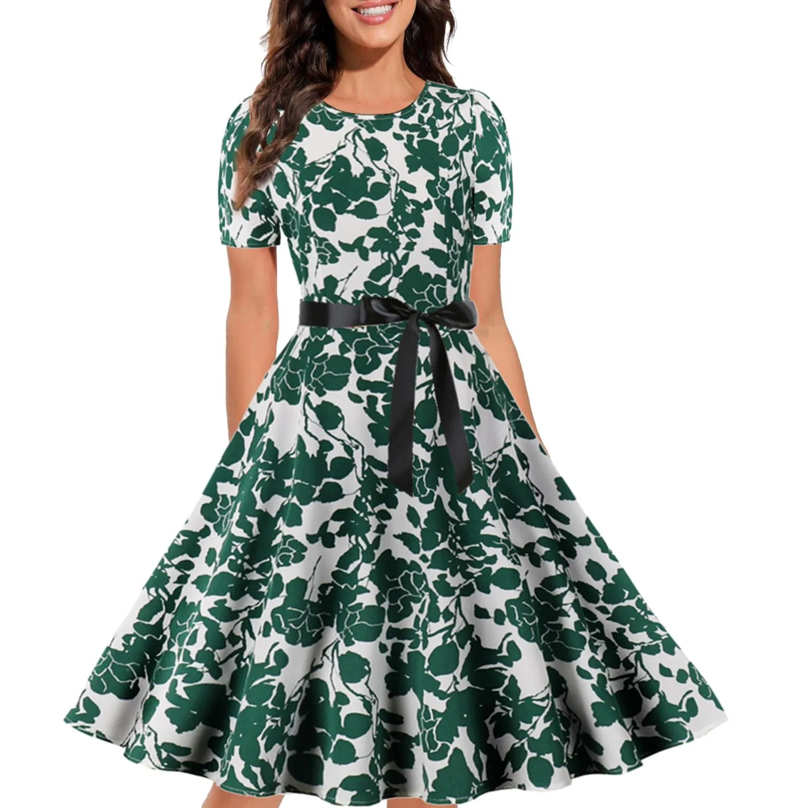 

Women's Vintage Print Cocktail Dresses Short Sleeve Swing Party Dresses Big Swing Puffy Dresses Dress Short Sleeve
