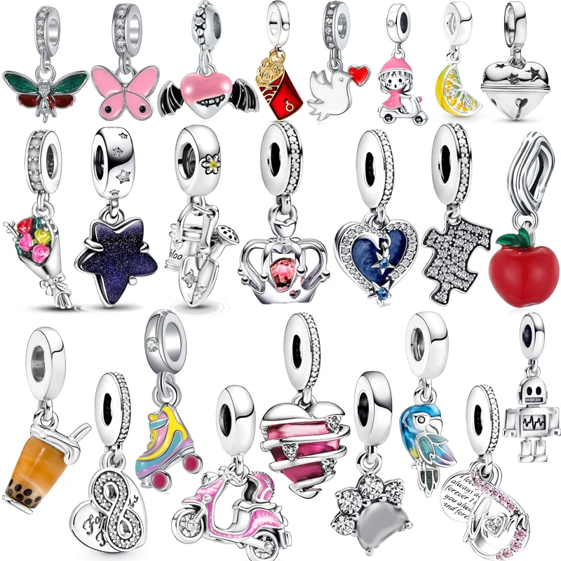 Newest Pulley Shoe Robot Puzzle Apple Girl Bouquet Pendants Fit Original Pandora Charms Silver Color Bracelets DIY Women Jewelry