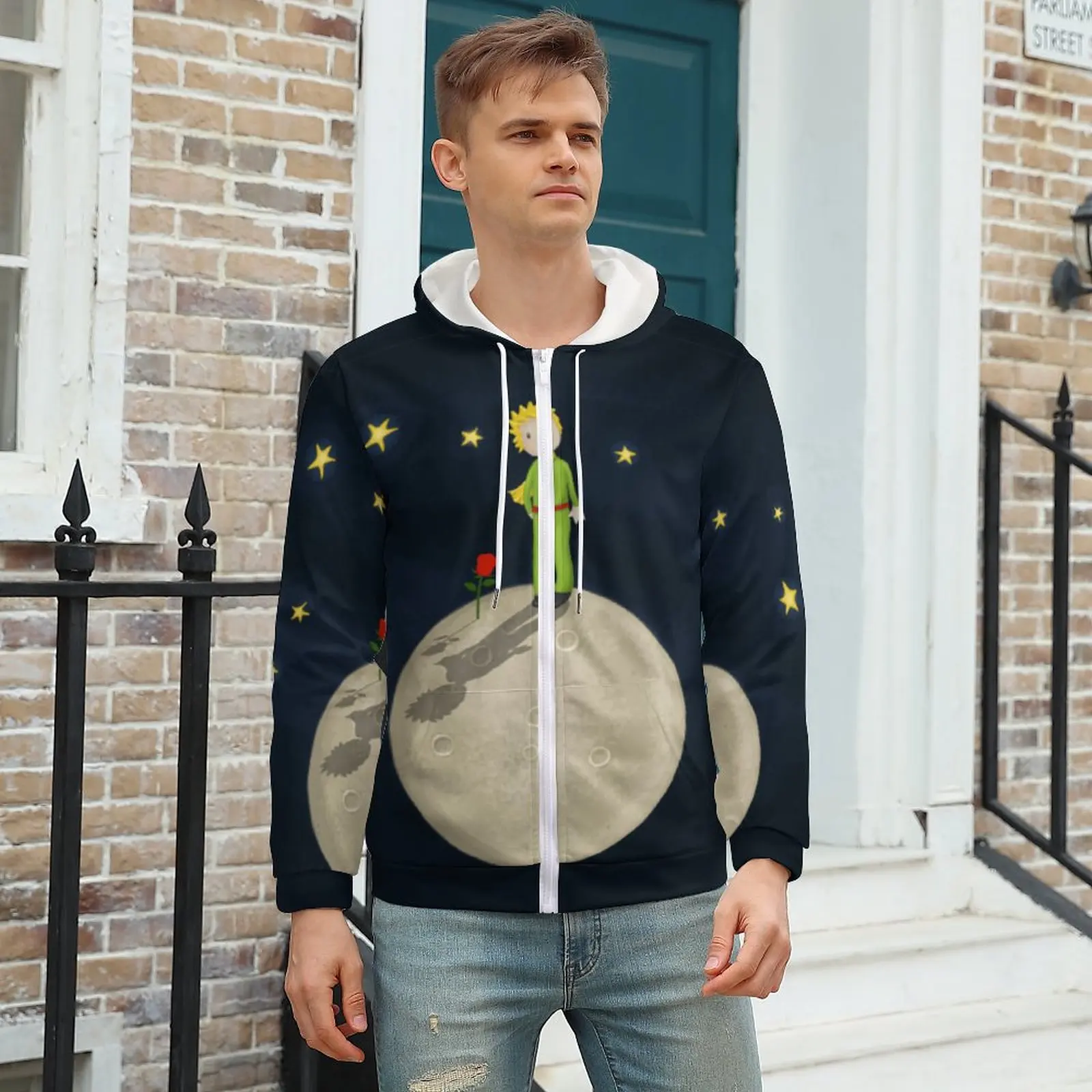 

Little Prince Hoodie Red Rose And Moon Print For Men Winter Hoodies Full Print Zip Up Hoodie Over Size