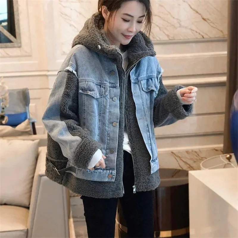 Европейская женская джинсовая верхняя одежда с капюшоном зимняя куртка-парка