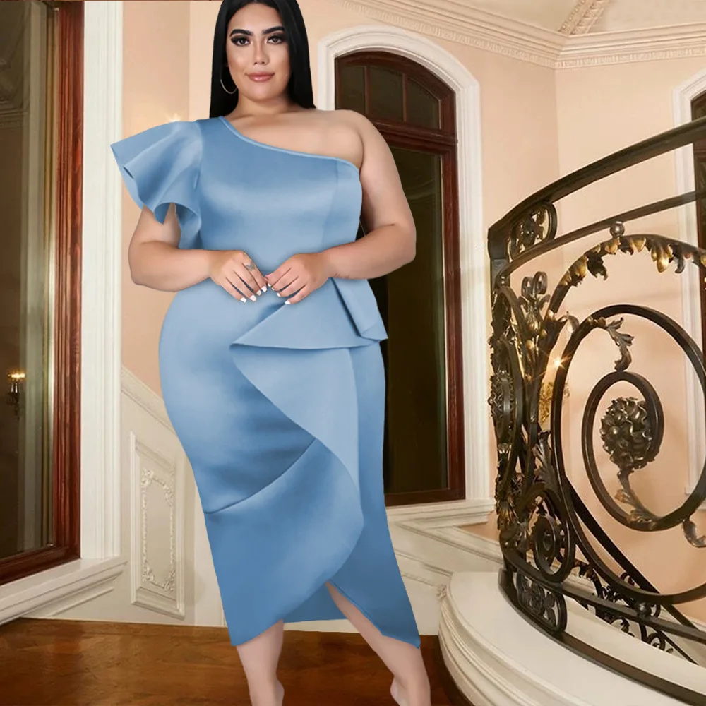 

Women's Plus Size Dress Sexy One Shoulder Sleeveless Ruffle High Waist Hip Dress Party Dress Spring New Fashion Female Clothing
