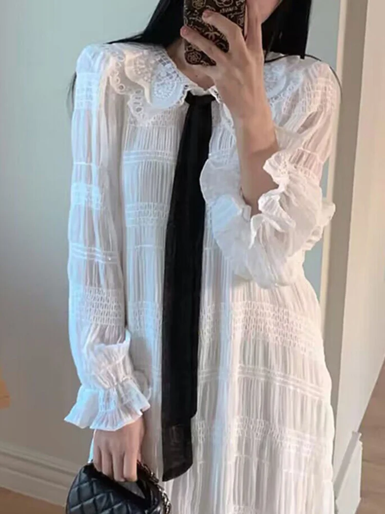 

Hollow Out Collar Lace Tie A-line Dress For Women Korean Flare Sleeve Soft Maxi Dresses 2023 Spring Autumn New Vestido M344