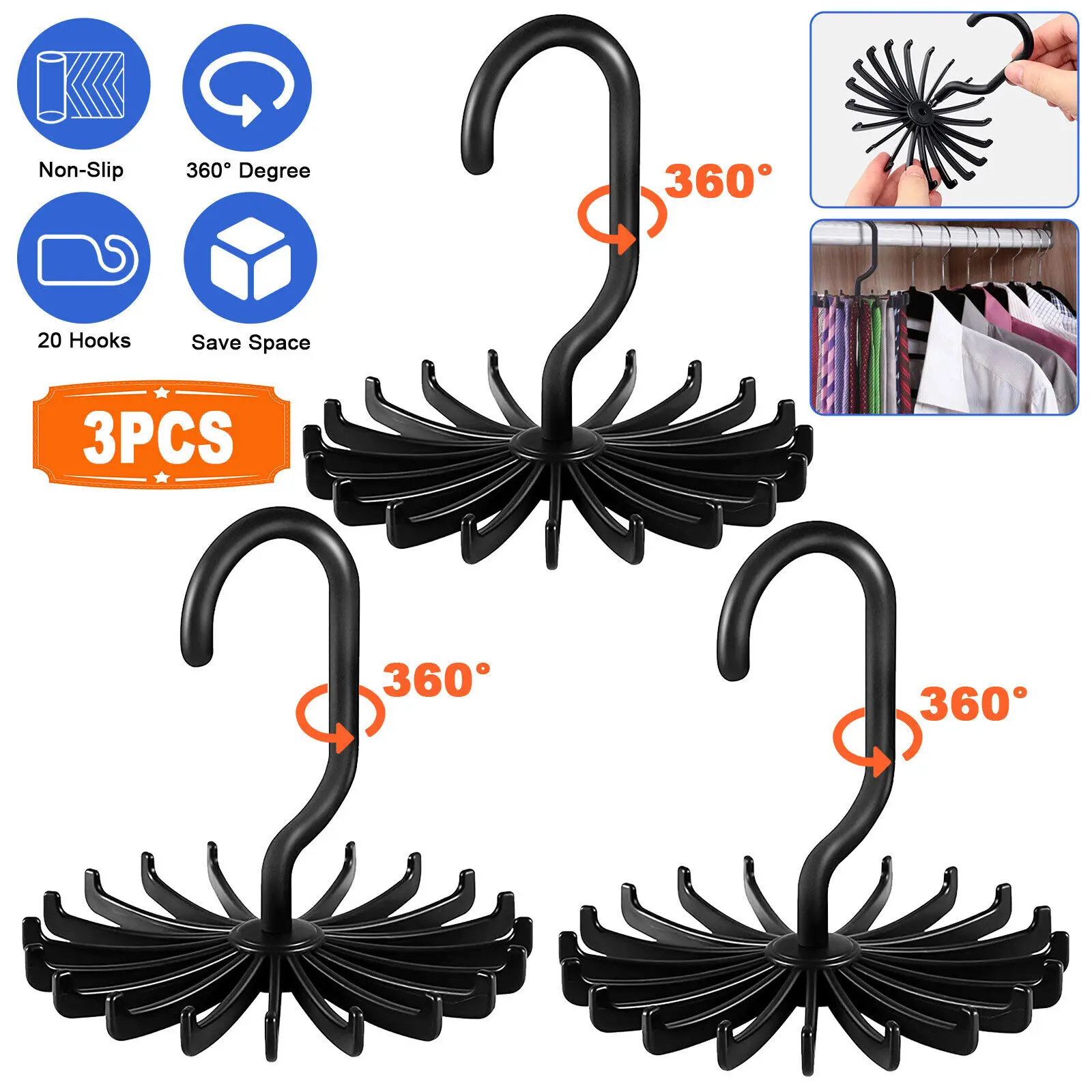 

3X Adjustable Neck Tie Rack Hanger Non-Slip Belt Compact Closet Holder Organizer