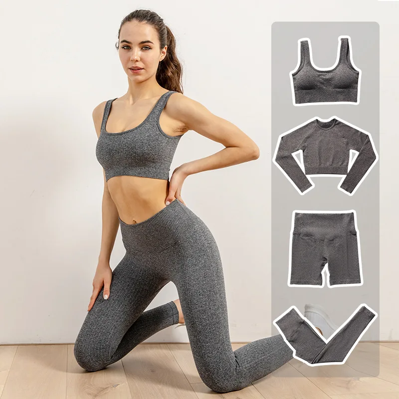 

4 Piece Women Yoga Suit Fitness Suit High Waist Hip Lift Leggings O-Neck Long Sleeve Skinny Sports Suit