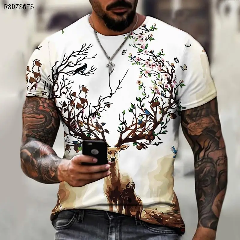 

Elk 3D Animal Printing Summer Men's and Women's T-shirts 2021 New Street Home Casual Fashion Short-sleeved Tops Trend
