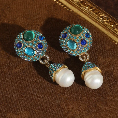 STALAIT Серьги-капельки с синим кристаллом и жемчугом