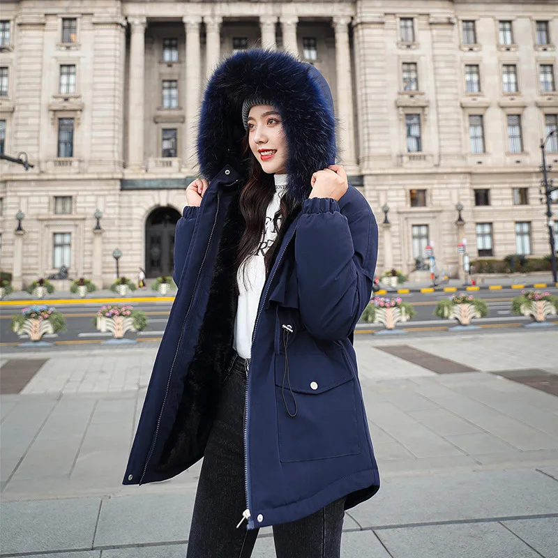 Plush Sustans Parkas Autumn Winter Women Big Furry Collar Short Style Slim Hooded Coat Office Lady Casual Commute Warm Overcoats