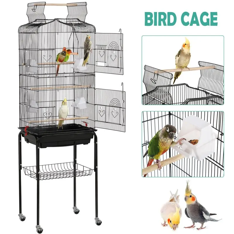 

Play Open Top Small Parrot Cockatiel Bird Cage with Rolling Stand Black House Bedroom Courtyard Bird Supplies Accessories