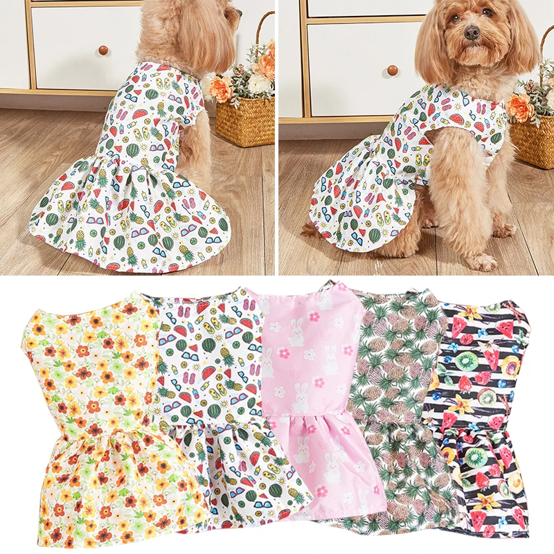 

Cat Puppy Princess Dress Summer Pet Clothes Floral Dresses for Pet Short Sleeves Clothing Buttons Design Skirt Pet Apparel