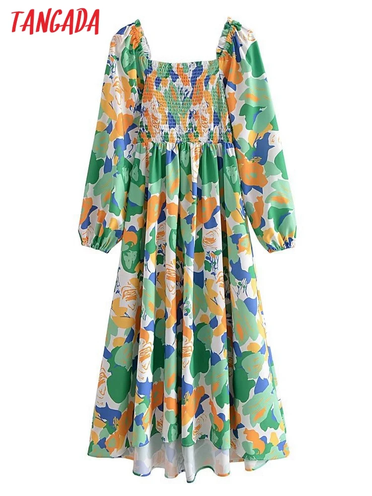 

Tangada 2022 fashion women flower vintage dress puff long sleeve square collar ladies midi dress 5D113