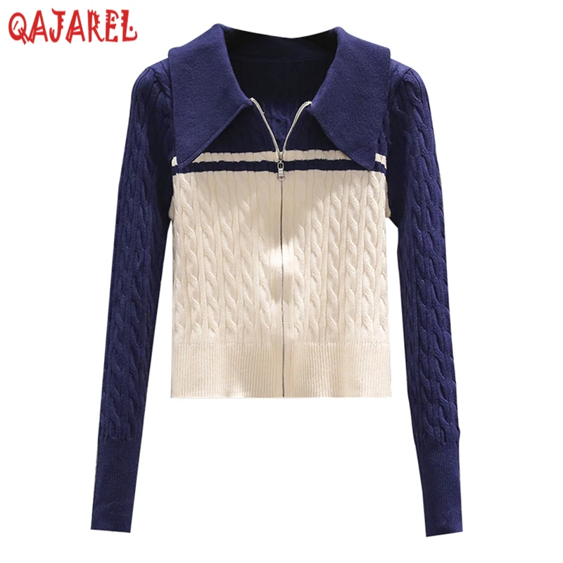 

Осенне-зимний белый лоскутный синий кардиган-поло с длинным рукавом и воротником-поло женские вязаные хлопковые свитеры 2023 Элегантная моде...
