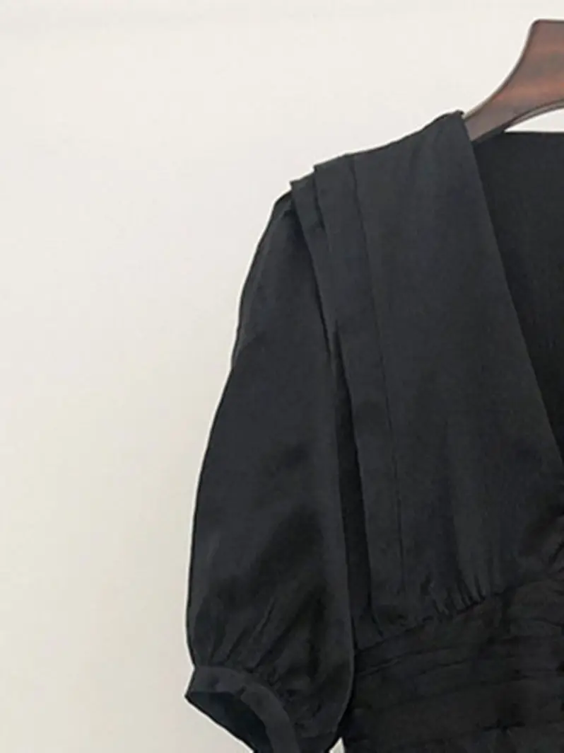 Deep V Mini Dress Women Black Tierred Ruffled High Waist Front Buttons Short Sleeve Ladies Robe 2022
