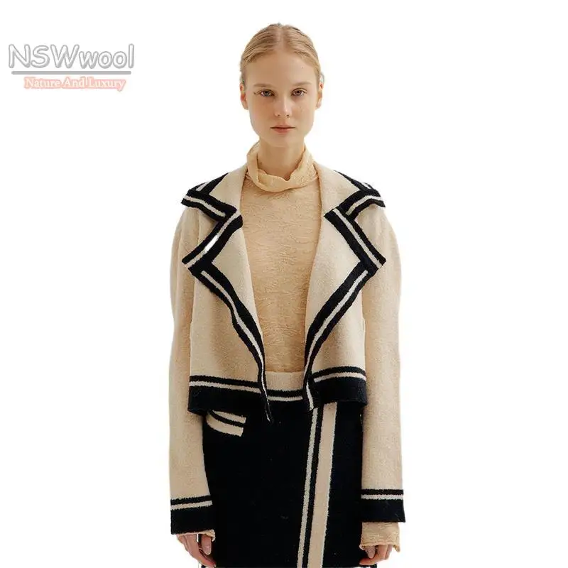 

2022 New Fashion Design Women Beige Drape Neck Wool Cardigan Korea Design Knitted Contrast Coat