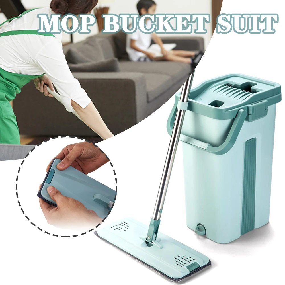 Система швабры с ведром для мытья пола 2 в 1 сухой уборки плоскими волокнистыми
