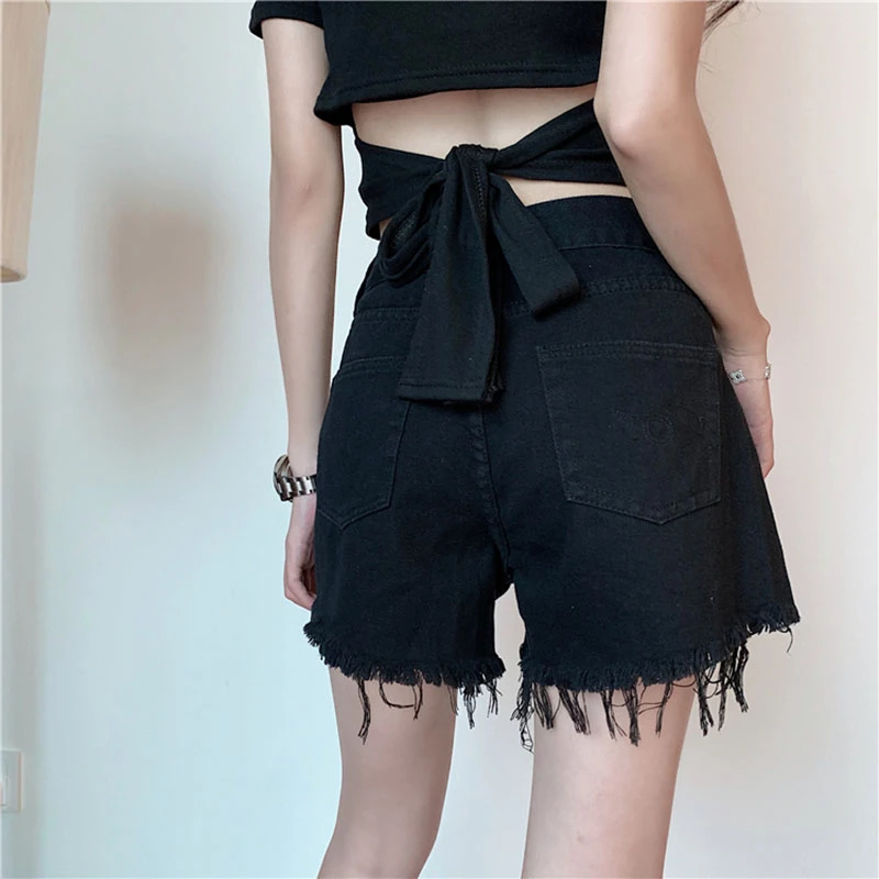 2021 Summer Women Korean Irregular High Waist White Denim Shorts New Female Fashion Casual A-line Short Jeans Ripped Tassel Wear