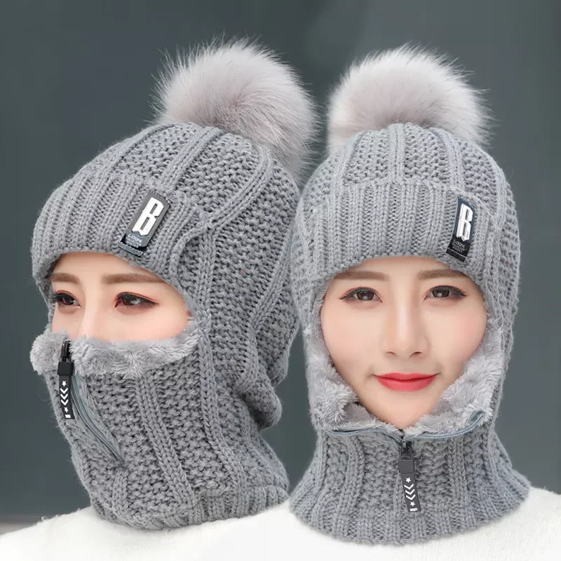 Fleece Winter Women Knitted Hats Add Fur Warm Winter Hats For Women With Zipper Keep Face Warmer Balaclava Pompoms Cap