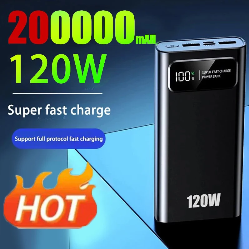 200000 mAH Power Bank 120 Вт сверхбыстрая зарядка аккумулятора большой емкости с цифровым