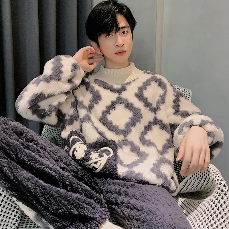 QUHENG Winter Thick Warm Long Sleeve Flannel Pajama Sets for Men Cartoon Coral Velvet Sleepwear Suit Pyjamas Homewear Clothes