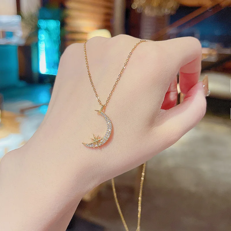 

OGDA Star Moon Pendant Necklace New Fashion Simple Clavicle Chain Women's Zircon Choker Necklace Girls Gifts Exquisite Jewelry