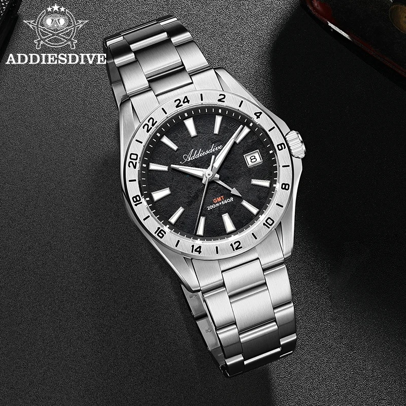Фото Мужские часы ADDIESDIVE GMT AD2548 из нержавеющей стали, швейцарские кварцевые часы Ronda 515-24H с сапфировым стеклом, BGW9, светящиеся, водонепроницаемые до 200 м №5