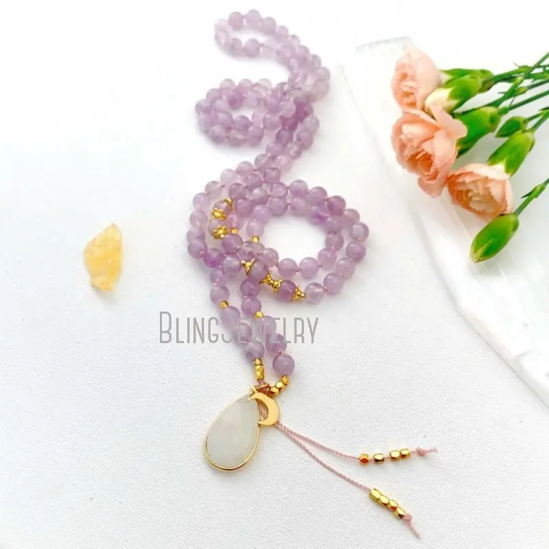

MN34507 Spiritual Goddess Mala With Amethyst Mala Beads And Rainbow Moonstone Guru 108 Mala Necklace Prayer Beads