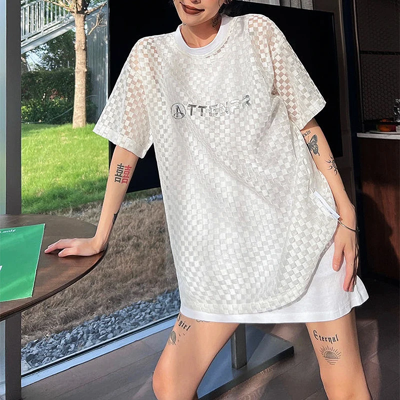 Сетчатая женская футболка с коротким рукавом красного и фиолетового цветов лето