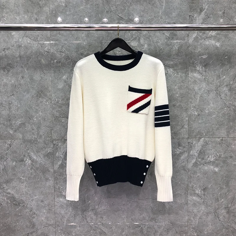 

TB THOM Sweater Autunm Winter Sweater Male Fashion Brand White Wool Hector Diagonal Stripe 4-Bar Classic Crewncek Pullover Coats