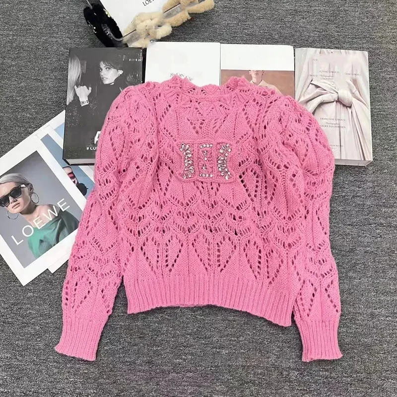 

2023 Spring New Women's Sweater Diamond Cut Out Knitted Top Women Vest Summer Korean Fashion Long Sleeve Top Women Knitwears