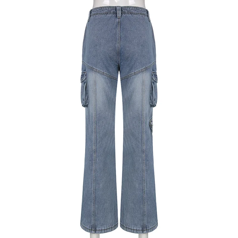 INS Street Washed Old Symmetrical Pocket Denim Trousers Fashion Straight High Waist Loose Workwear Wide Leg Pants Women's