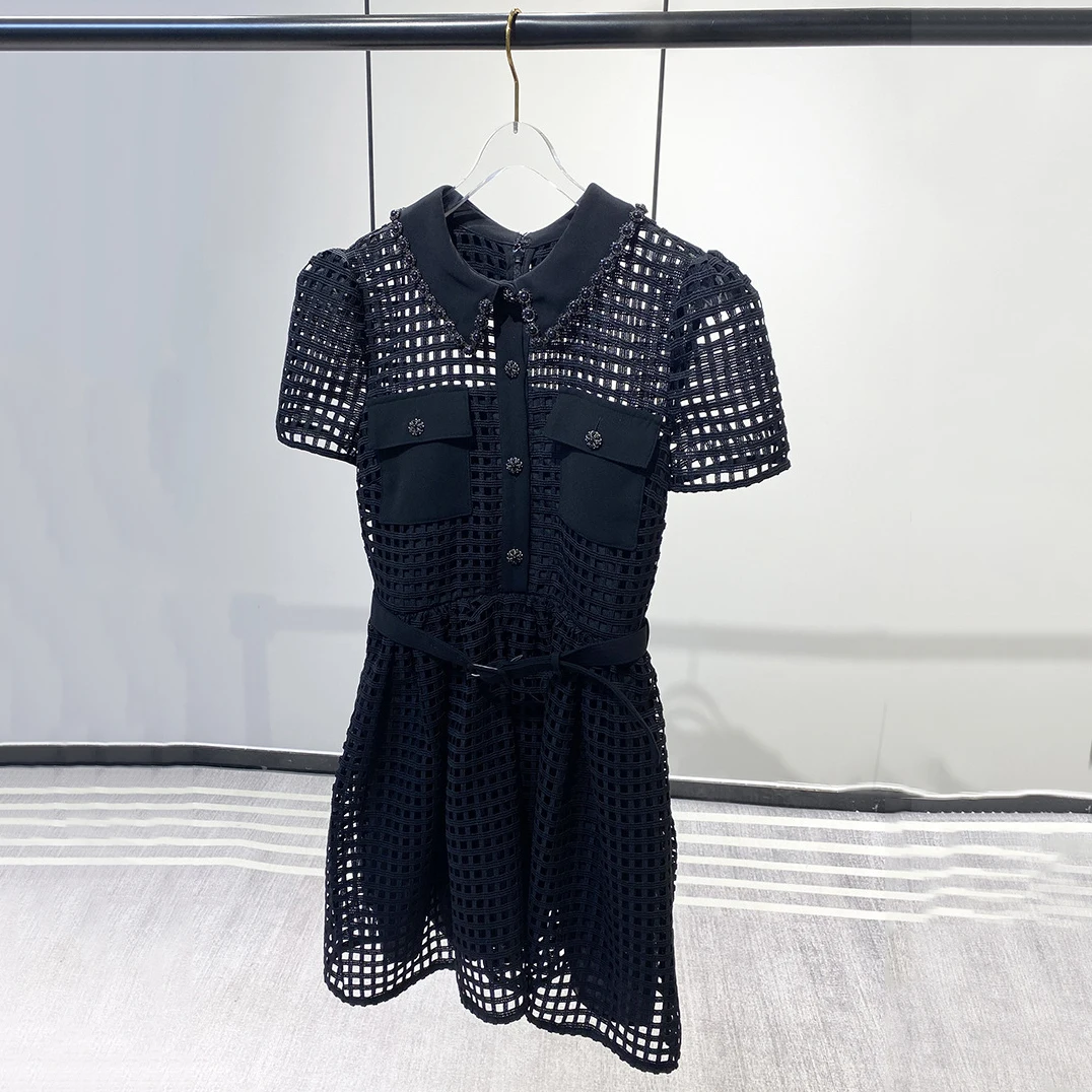 

Клетчатое ажурное платье на пуговицах с бусинами, с коротким рукавом, черное водорастворимое кружево с поясом, тонкие платья для женщин 2023