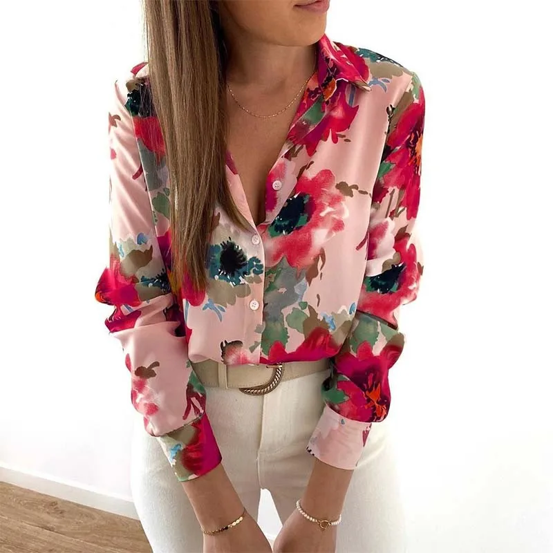 

2022 New Floral Blouse Women Turn-down Collar Long Sleeve Fashion Plus Size Casual Blouses Elegant Lady Office Work Shirts Tops