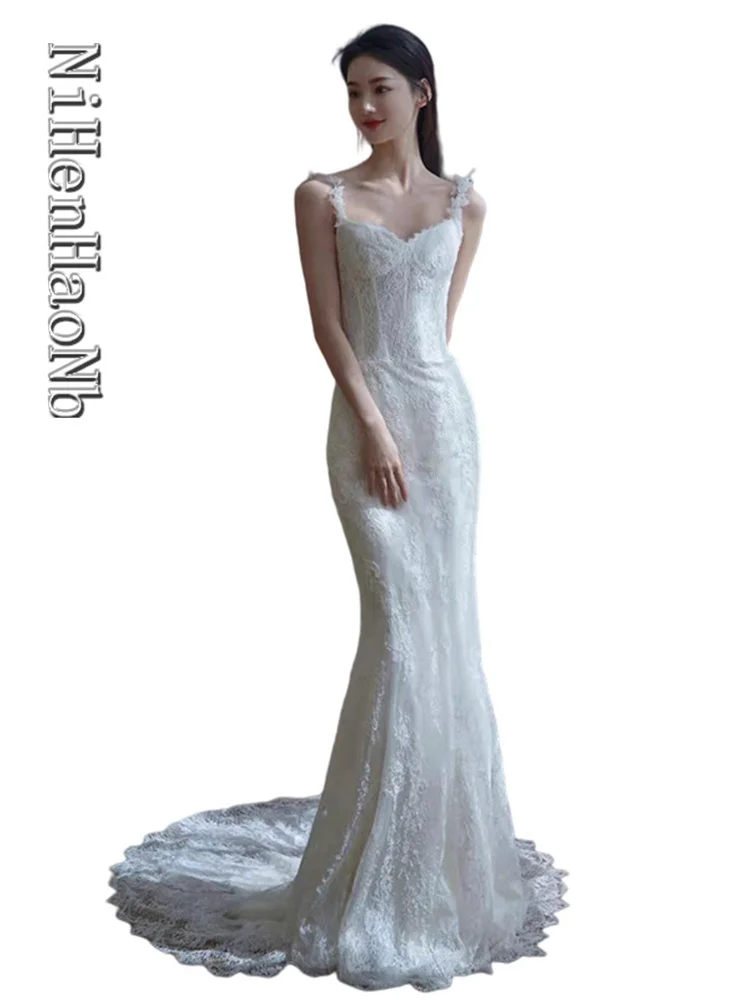 

Vintage Lace Mermaid Wedding Dress Boho Open Back Sleeveless Vestido De Noiva