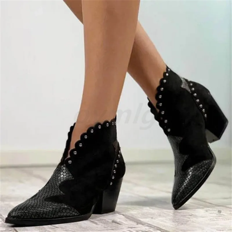 2022 Female Autumn Winter Lace PU Leather Cowboy Ankle Boots Rivet Women Wedge High Heel Booties Snake Print Botas Mujer Cute images - 2