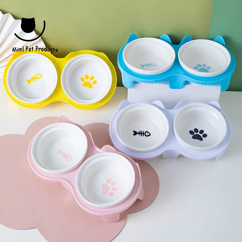 

Ceramic cat bowl high leg neck protection double bowl fixed frame pet dog and cat food bowl water bowl tilt protection cervical