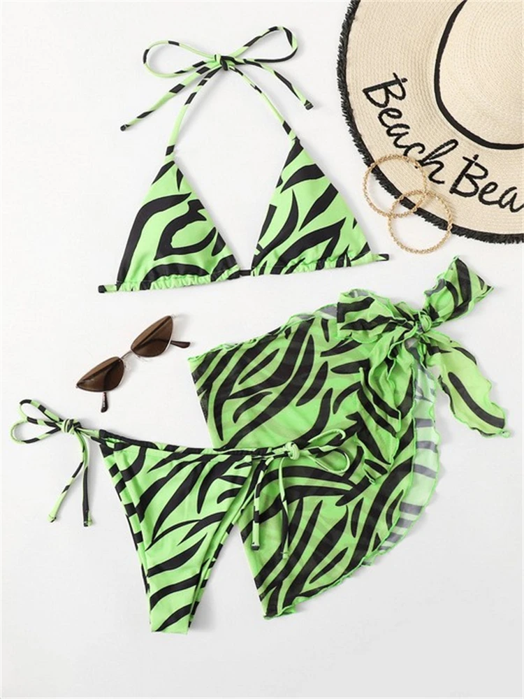 

Bikini Women Swimsuit 2023 New Striped Bikinis Set 3 Piece Swimwear Lace Up Backless Summer Beach Cover Up Bathing Suit Female