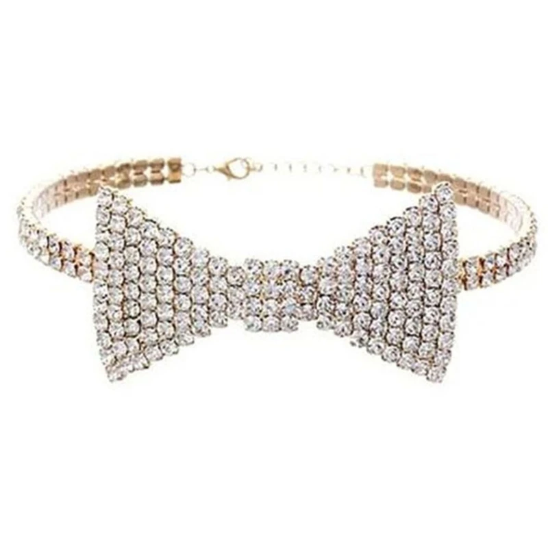 

J78E Crystal BowTie Bows Choker Necklace Collar Chain Necklace Clavicle Chain Necklace