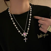 korean charms crystal purple cross penadnt necklace for women vintage y2k choker double layer necklace girls 90s style jewelry