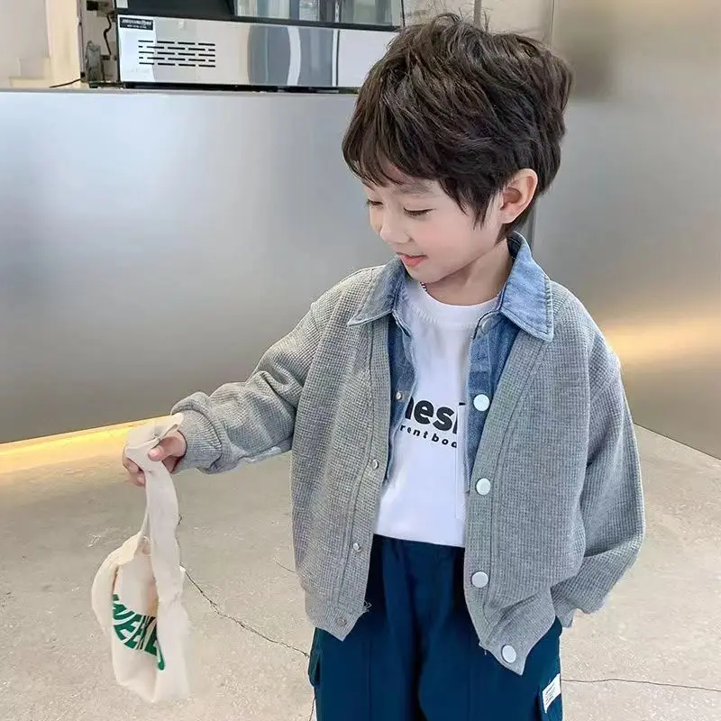 

Children's Clothing for Boy Coat Spring Autumn Jacket Denim Collar Patchwork Top Fake Two Shirts Kids Outerwear 2-9 Y